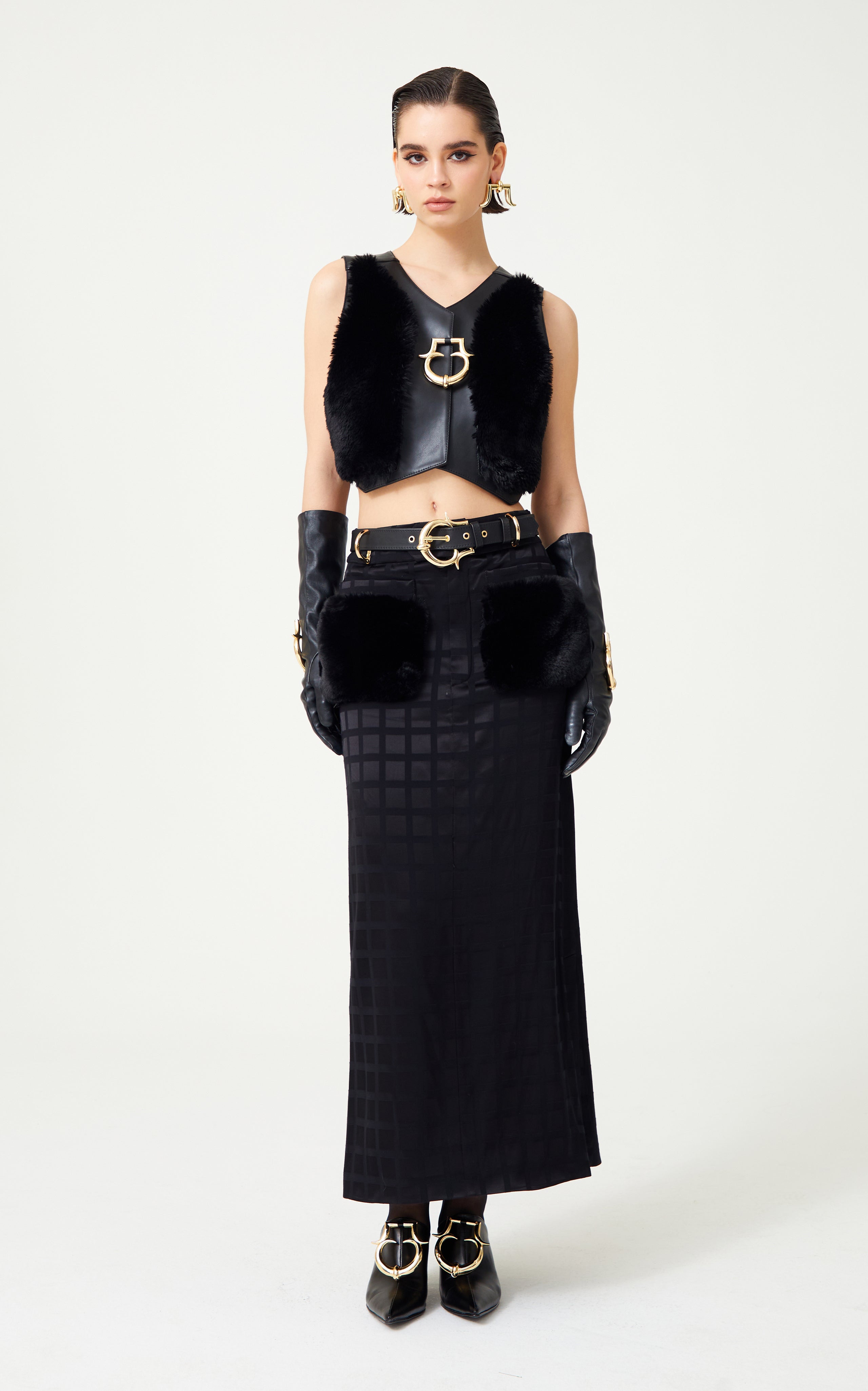 FW24-T-1018-Black-34 raisa_vanessa black-leather-furred-mini-vest-with-gold-buckle-detail
