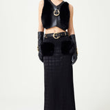 Black Leather Furred Mini Vest With Gold Buckle Detail