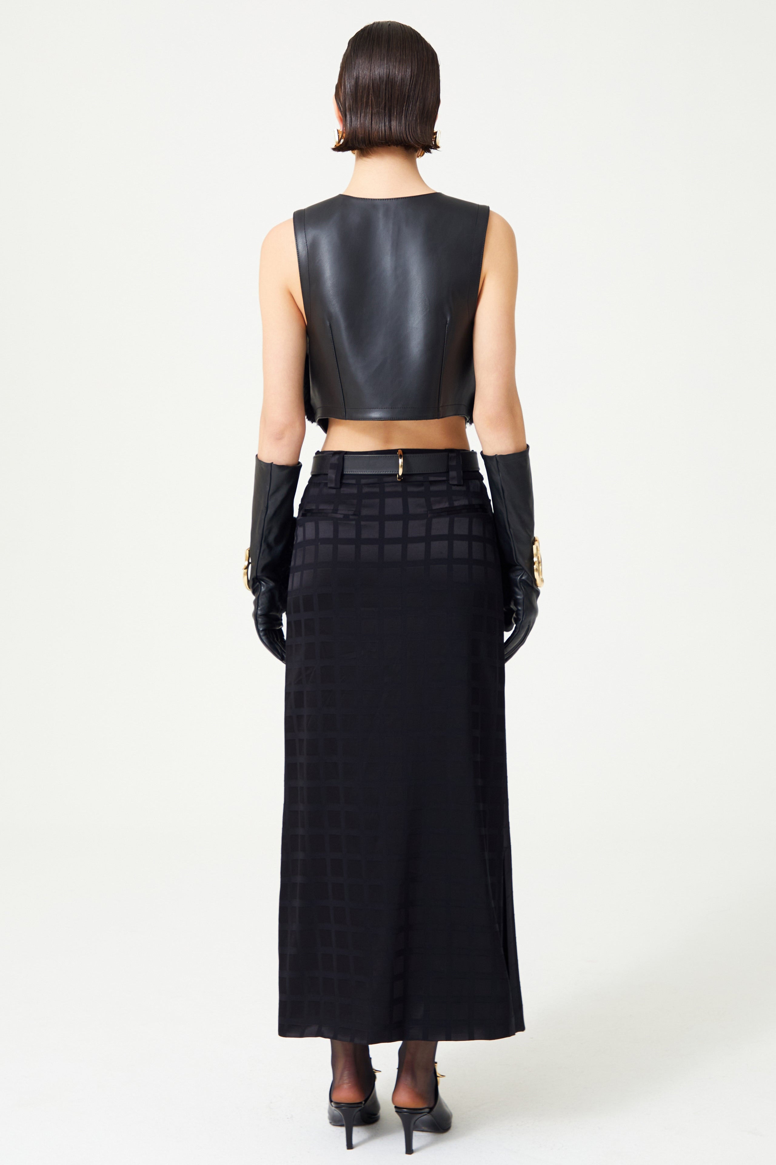 FW24-T-1018-Black-40 raisa_vanessa black-leather-furred-mini-vest-with-gold-buckle-detail
