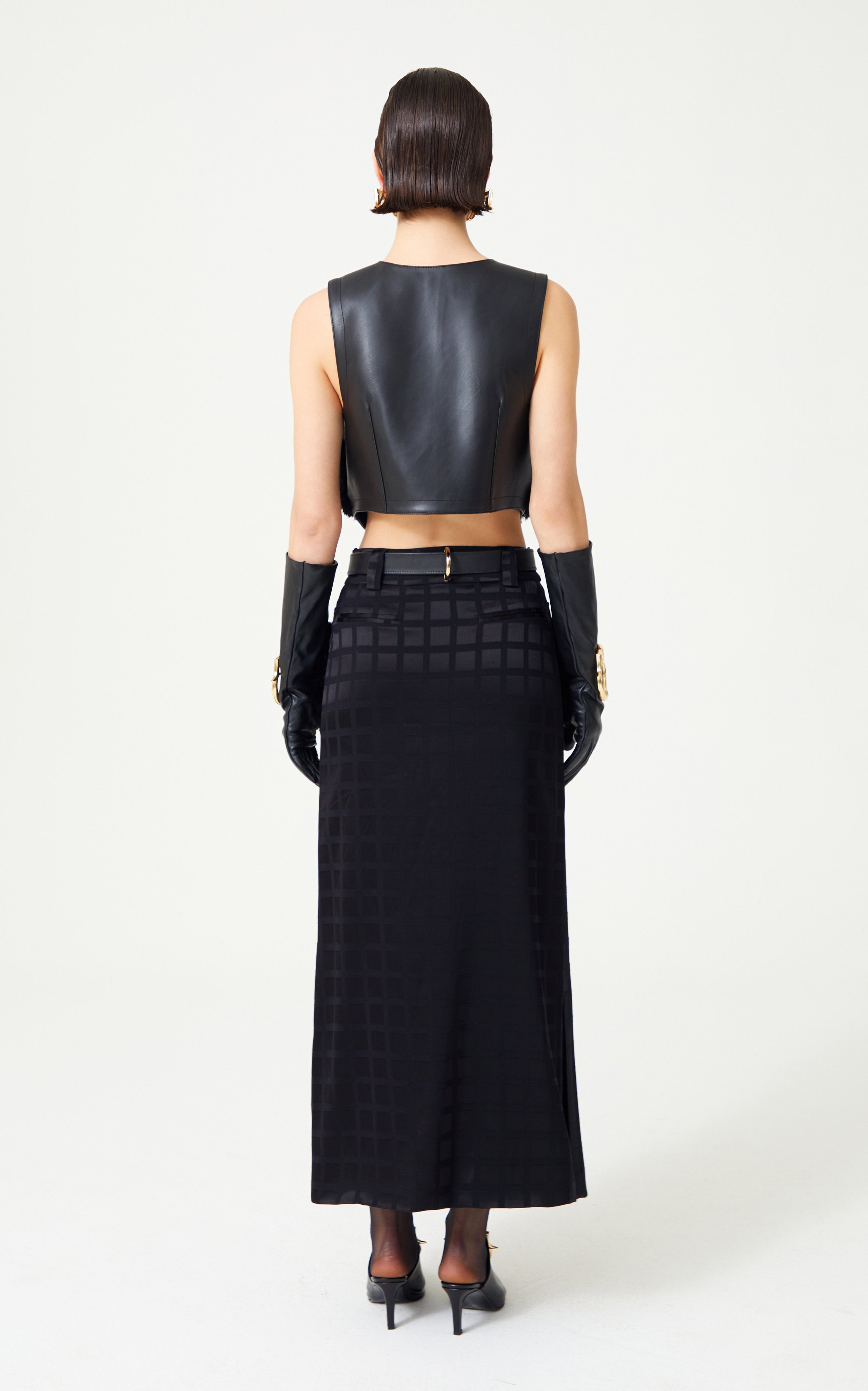 FW24-T-1018-Black-40 raisa_vanessa black-leather-furred-mini-vest-with-gold-buckle-detail