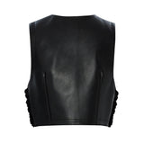 Black Leather Furred Mini Vest With Gold Buckle Detail