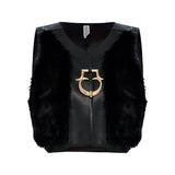 Black Leather Furred Mini Vest With Gold Buckle Detail