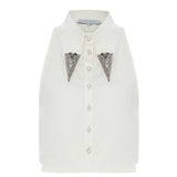 White Crystal Embellished Sleeveless Crop Shirt