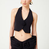 Black Stretchy Flower Detailed Crop Vest