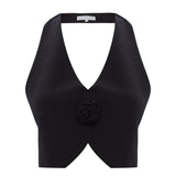 Black Stretchy Flower Detailed Crop Vest