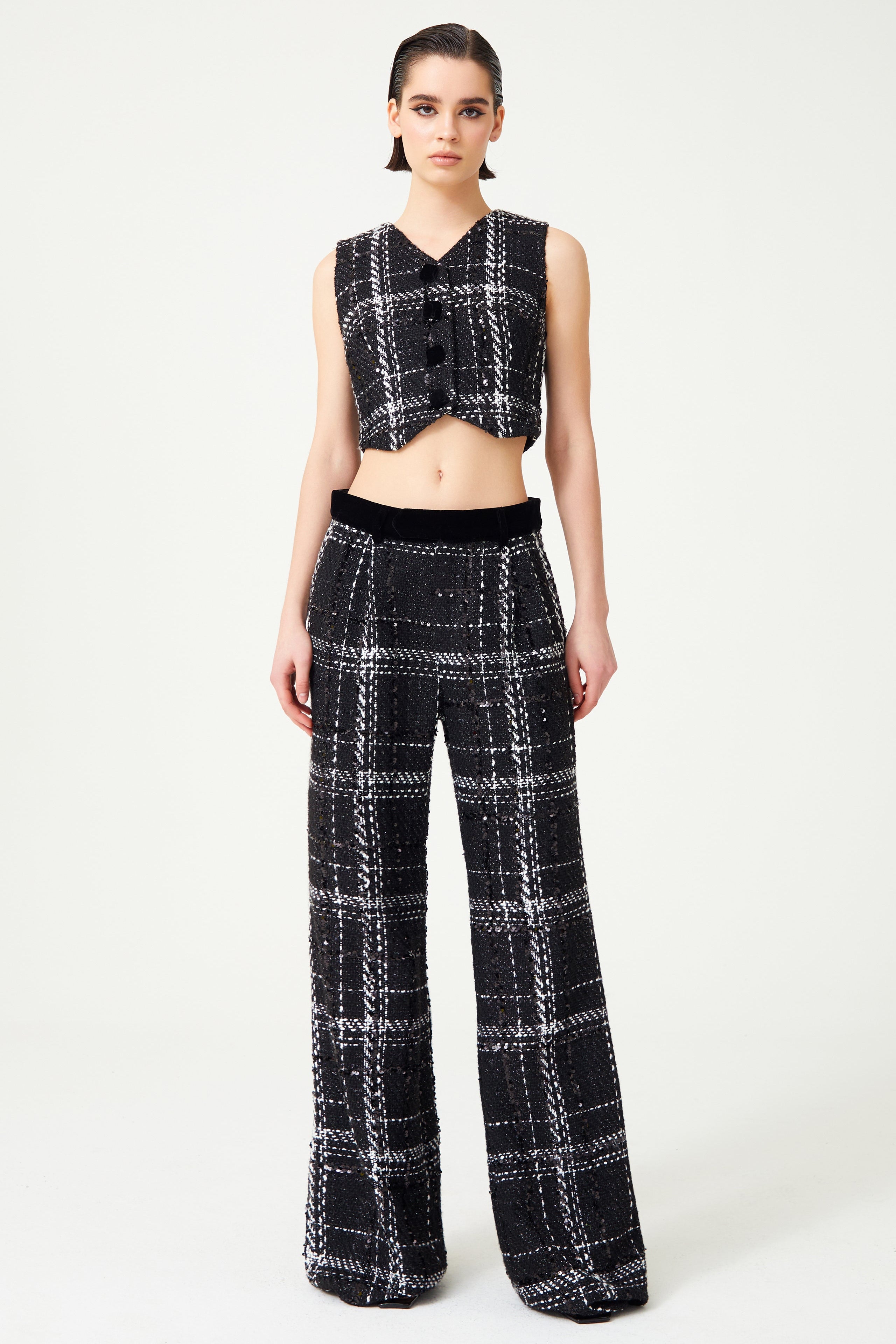 FW24-P-1008-Black-34 raisa_vanessa black-white-plaid-sequin-embellished-tweed-pants