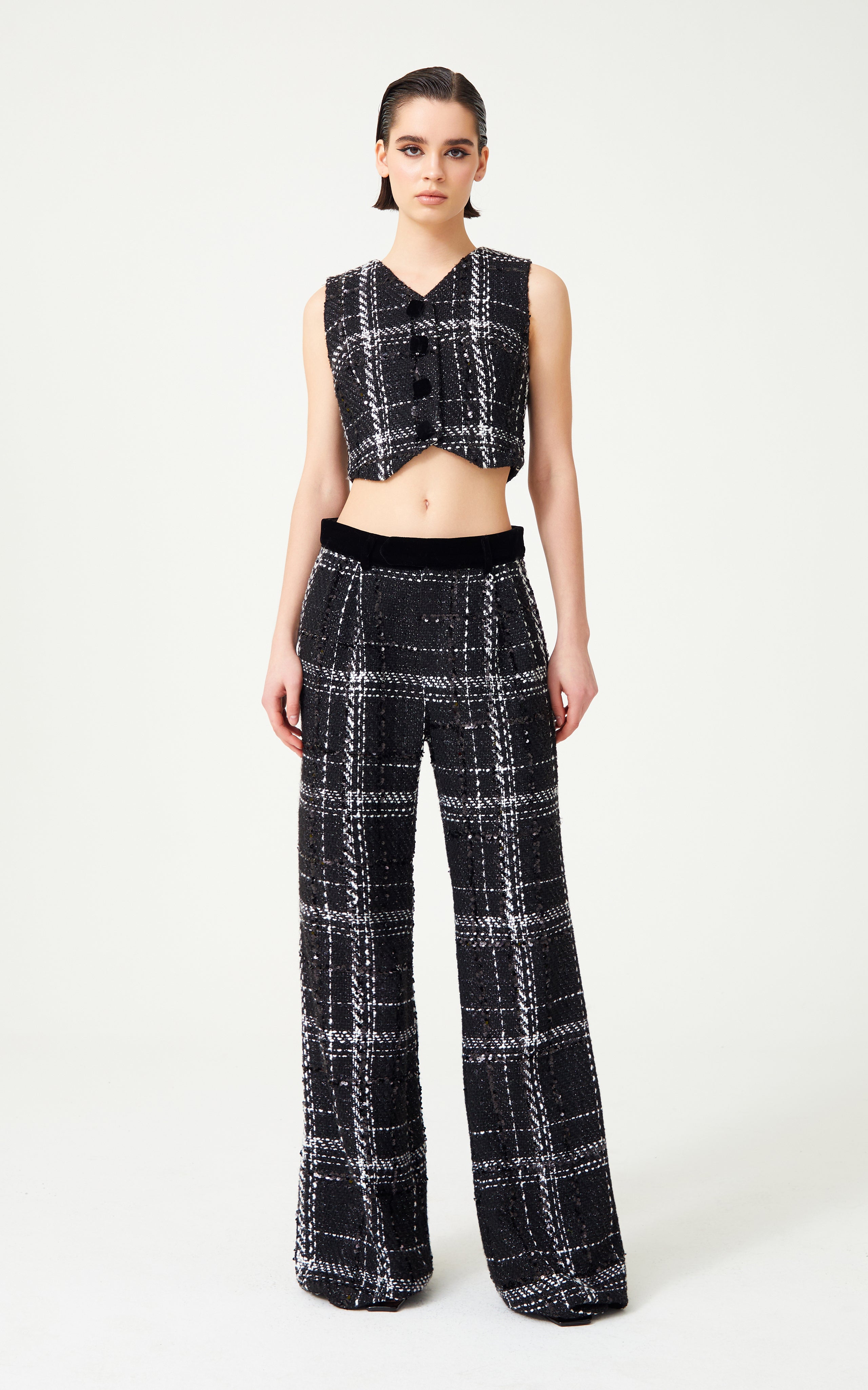 FW24-P-1008-Black-34 raisa_vanessa black-white-plaid-sequin-embellished-tweed-pants