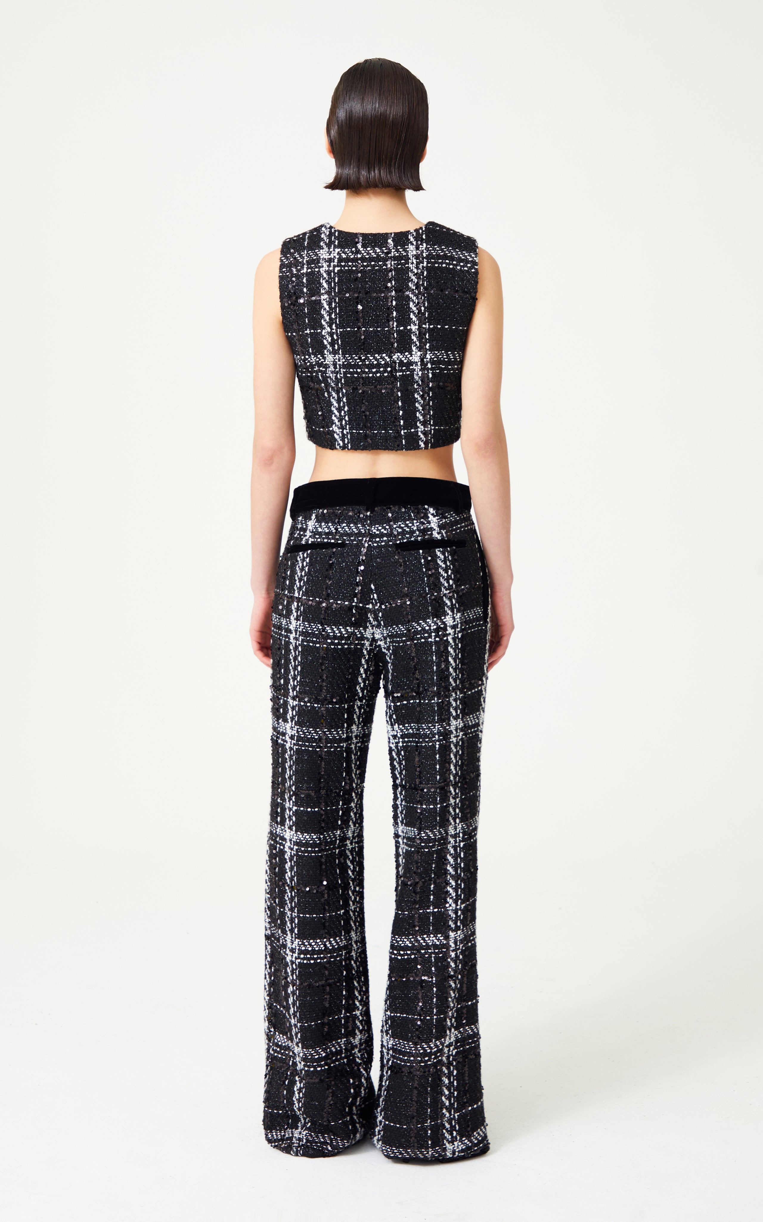 FW24-P-1008-Black-38 raisa_vanessa black-white-plaid-sequin-embellished-tweed-pants