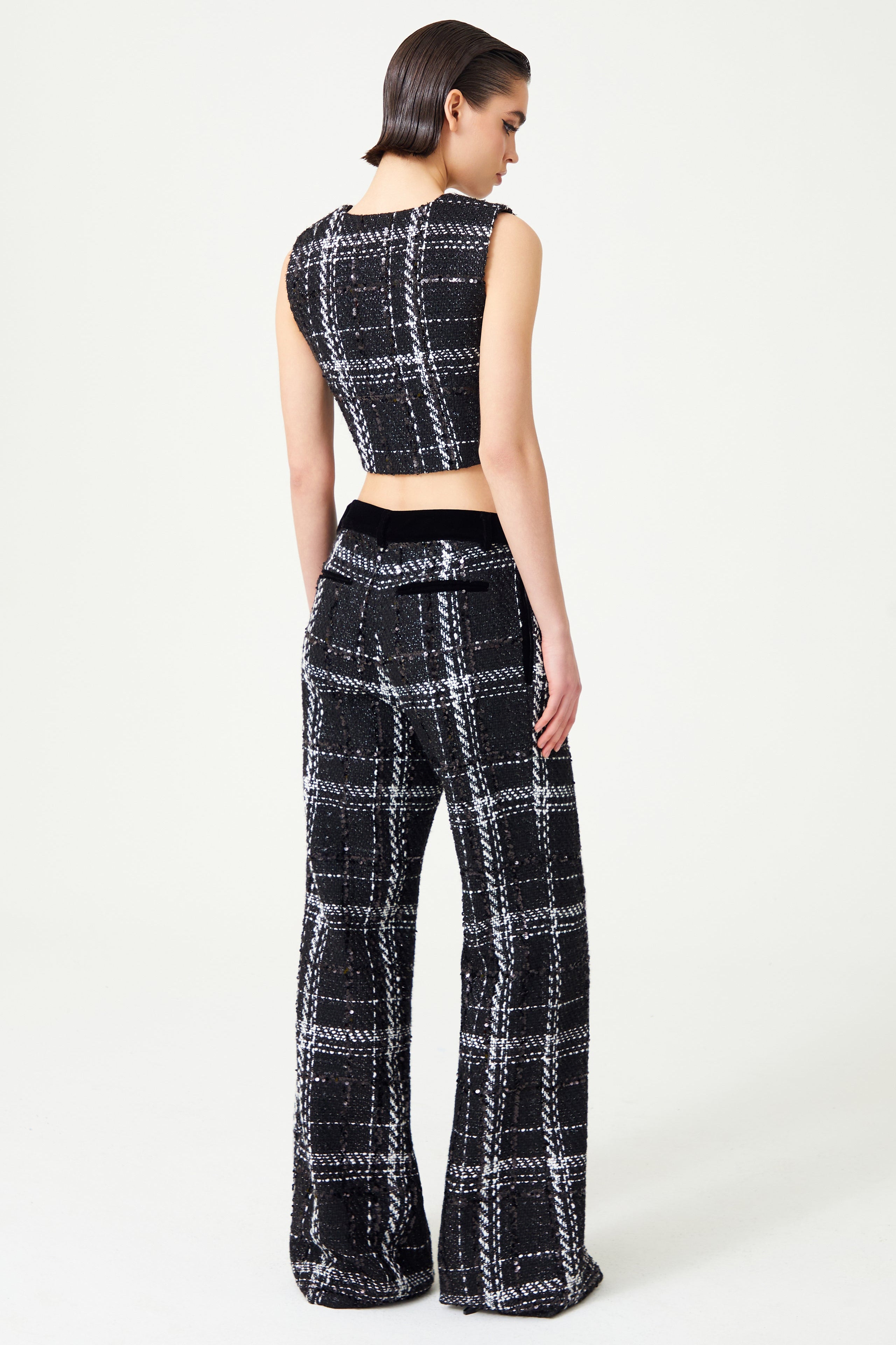FW24-P-1008-Black-36 raisa_vanessa black-white-plaid-sequin-embellished-tweed-pants