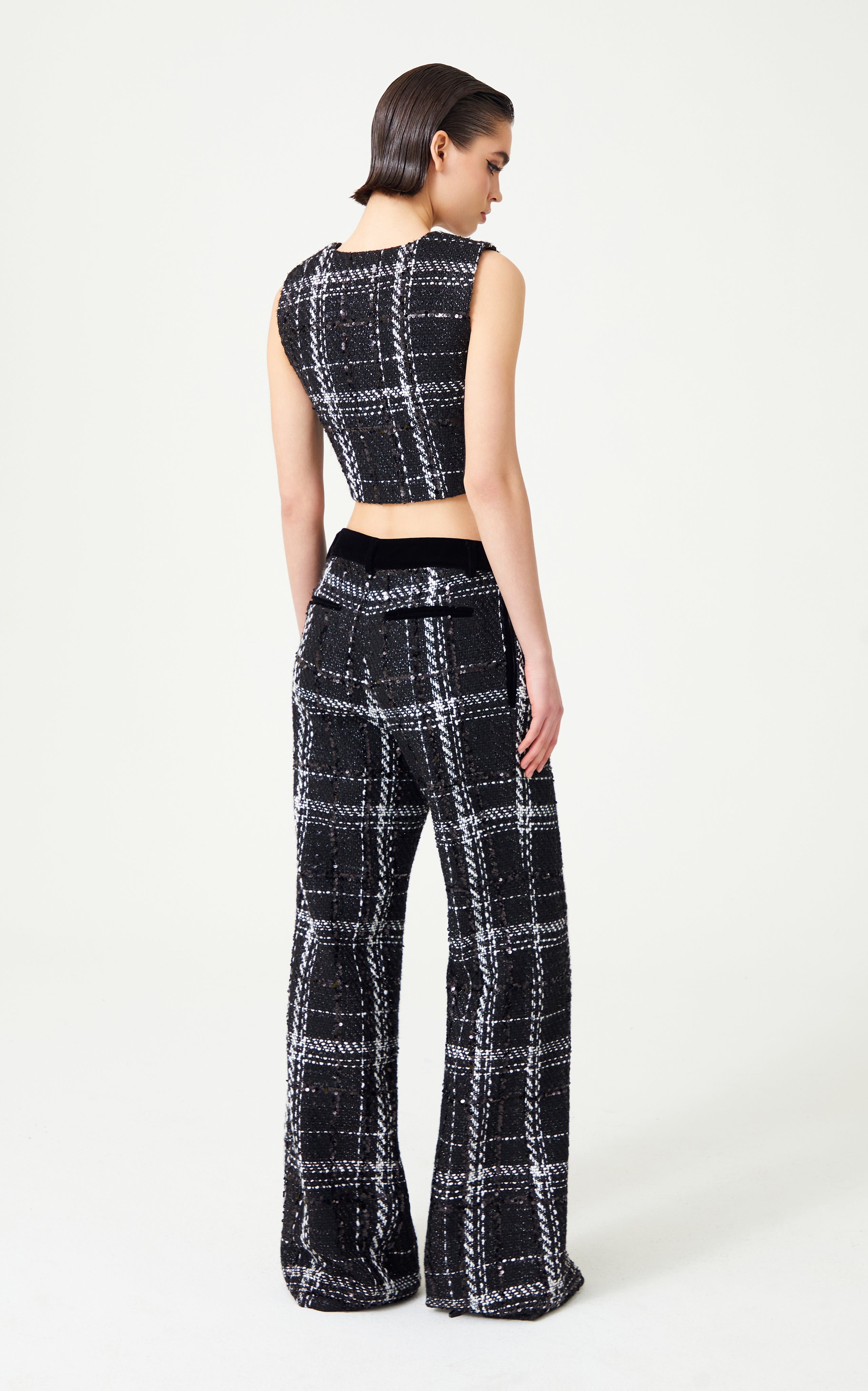 FW24-P-1008-Black-36 raisa_vanessa black-white-plaid-sequin-embellished-tweed-pants