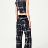 Black & White Plaid Sequin Embellished Tweed Crop Vest