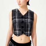 Black & White Plaid Sequin Embellished Tweed Crop Vest