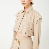 Beige Flower Embroidered Short Shirt