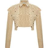 Beige Flower Embroidered Short Shirt