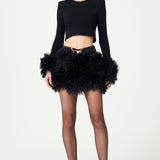 Black Knit Mini Skirt With Organza Puffy Flower Details