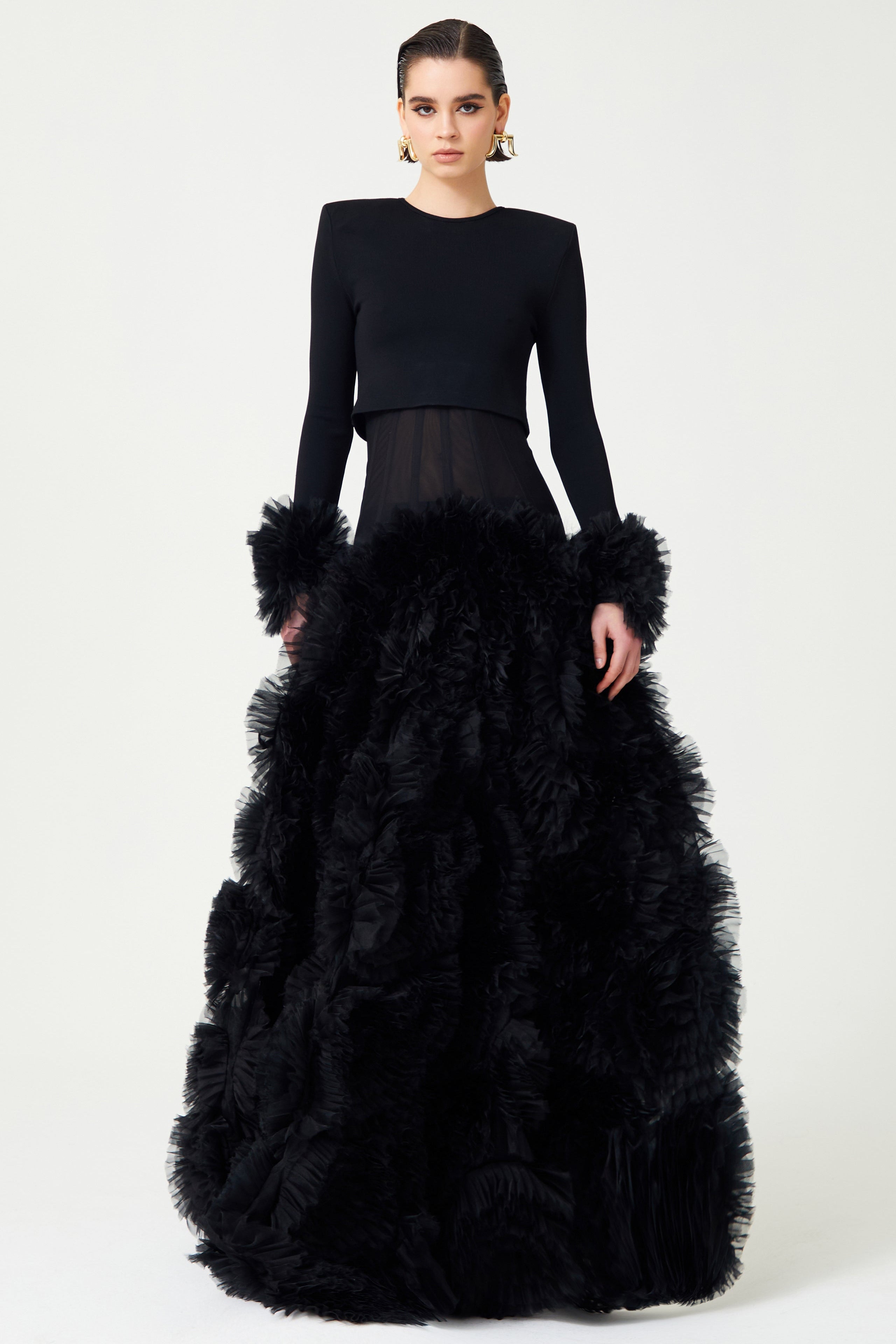 FW24-S-1021-Black-34 raisa_vanessa organza-flower-detailed-black-puffy-skirt-with-corseted-waist