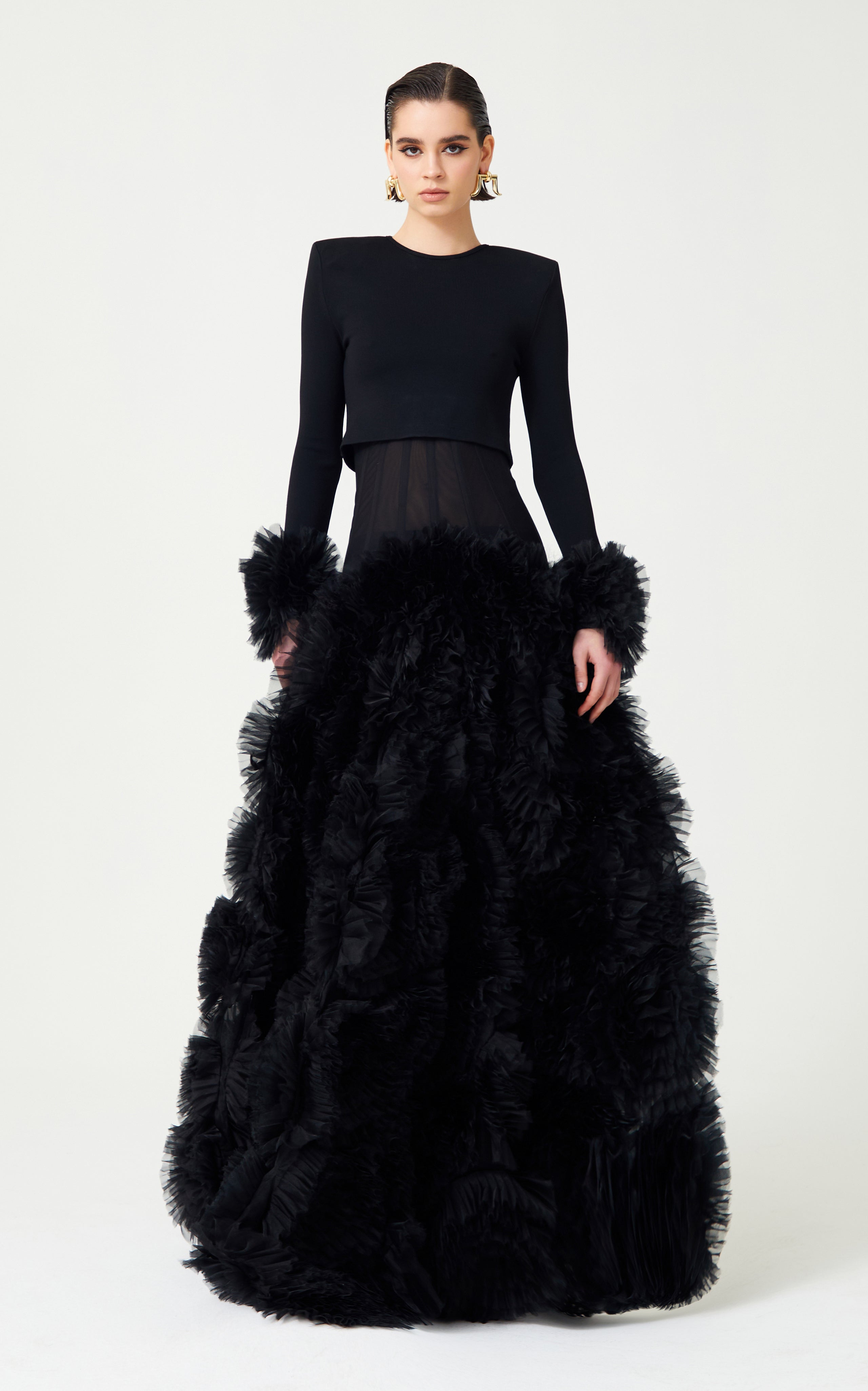 FW24-S-1021-Black-34 raisa_vanessa organza-flower-detailed-black-puffy-skirt-with-corseted-waist