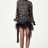 Black Handmade Gold Polka Dot Detailed Silk Chiffon Mini Skirt With Fur Finishing