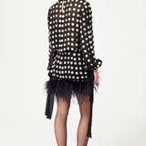 Black Handmade Gold Polka Dot Detailed Silk Chiffon Mini Skirt With Fur Finishing