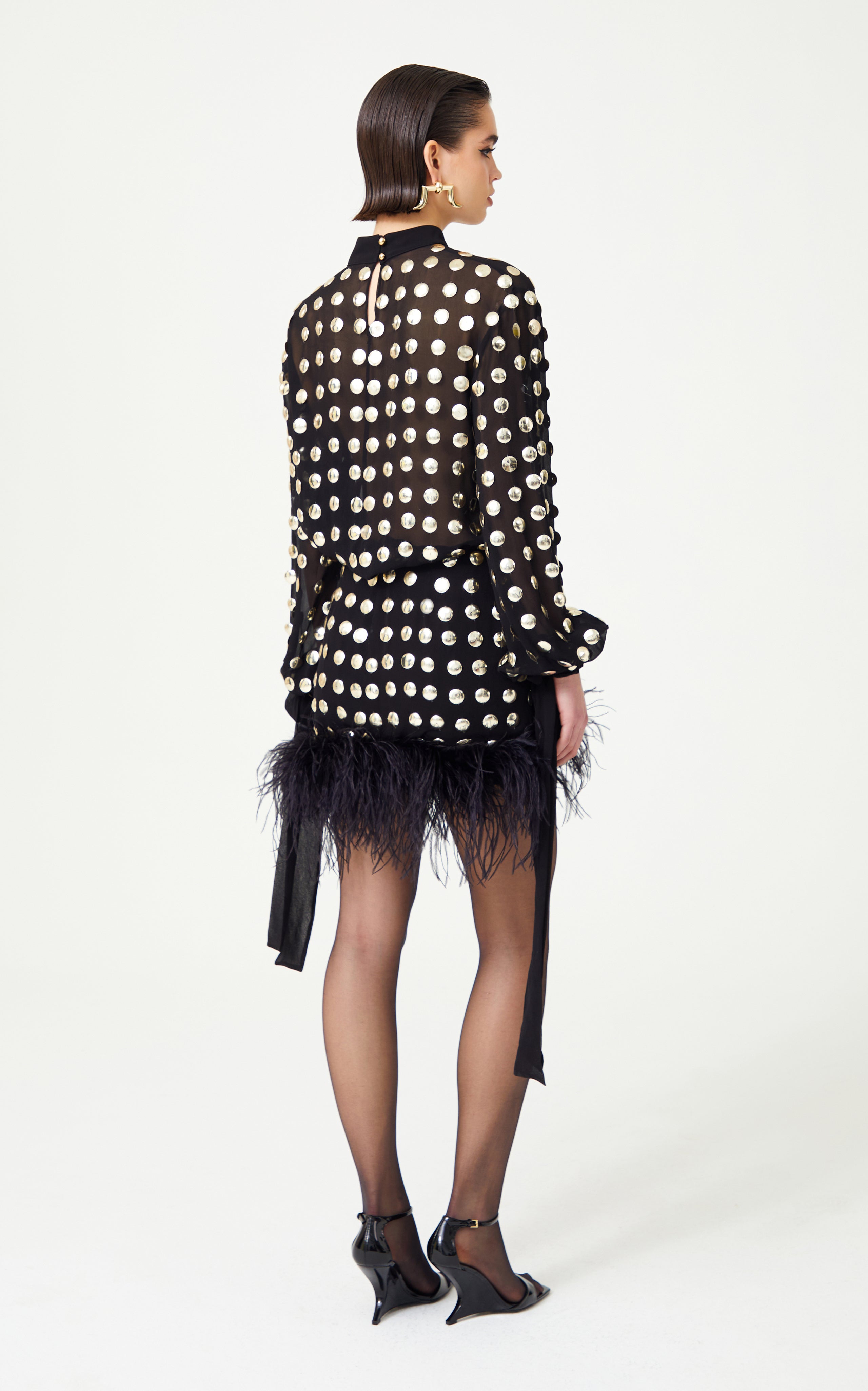 FW24-T-1029-Black-40 raisa_vanessa black-handmade-gold-polka-dot-detailed-silk-chiffon-blouse