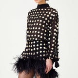 Black Handmade Gold Polka Dot Detailed Silk Chiffon Mini Skirt With Fur Finishing