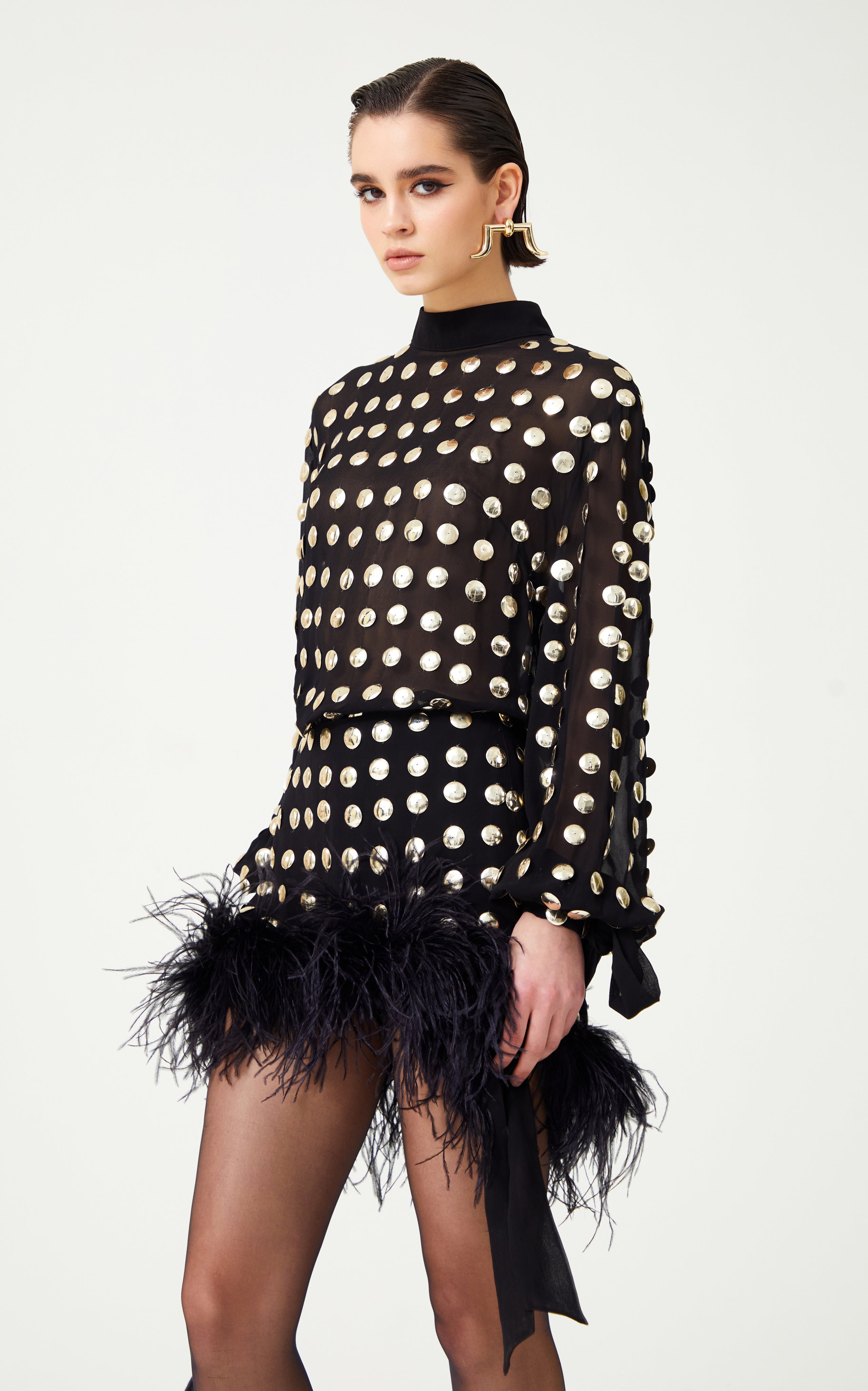 FW24-T-1029-Black-36 raisa_vanessa black-handmade-gold-polka-dot-detailed-silk-chiffon-blouse
