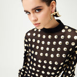 Black Handmade Gold Polka Dot Detailed Silk Chiffon Blouse