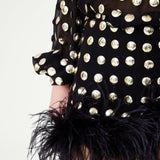 Black Handmade Gold Polka Dot Detailed Silk Chiffon Mini Skirt With Fur Finishing