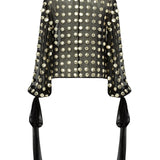 Black Handmade Gold Polka Dot Detailed Silk Chiffon Blouse