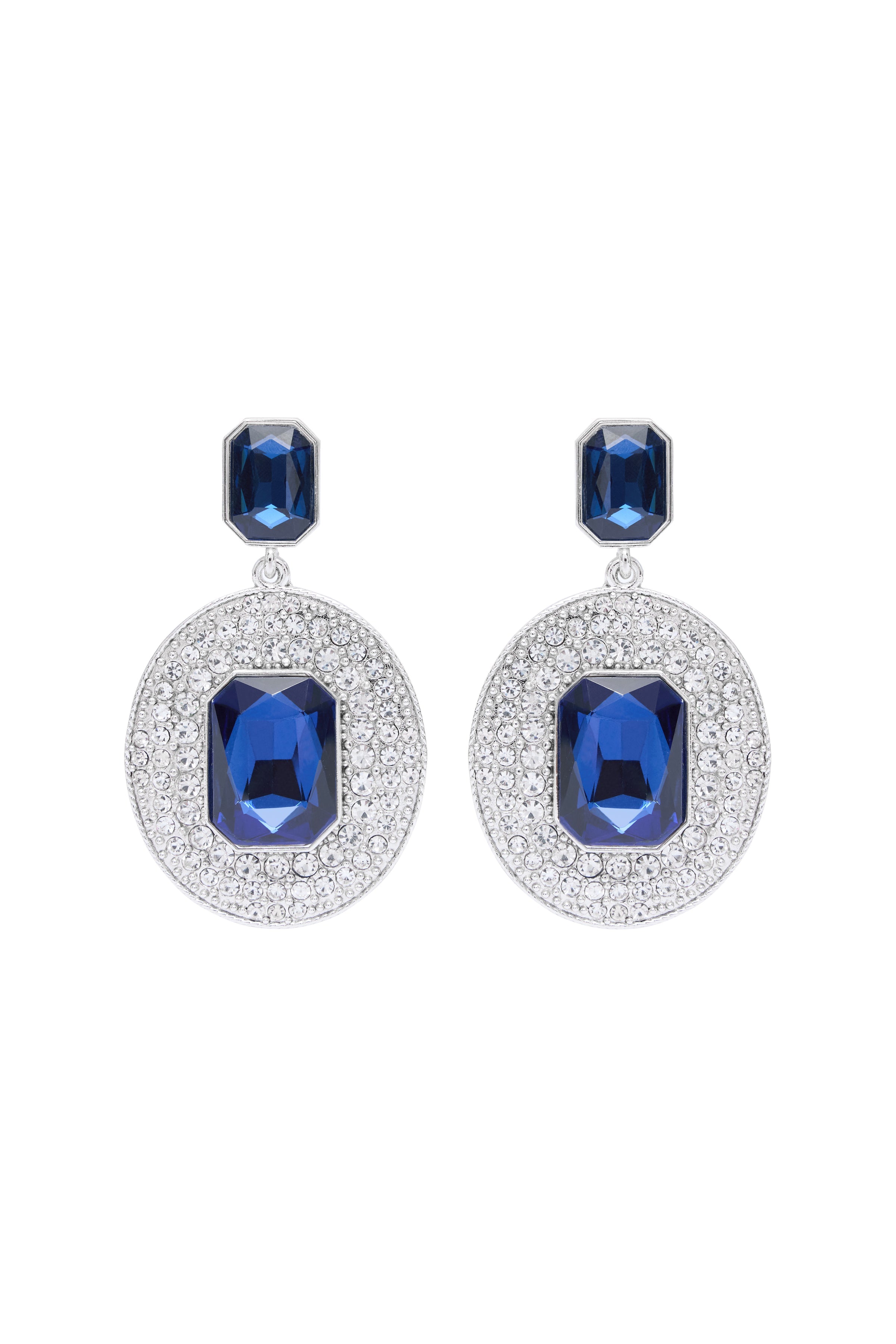Silver Metal Earrings With Crystals And Sapphire Stones