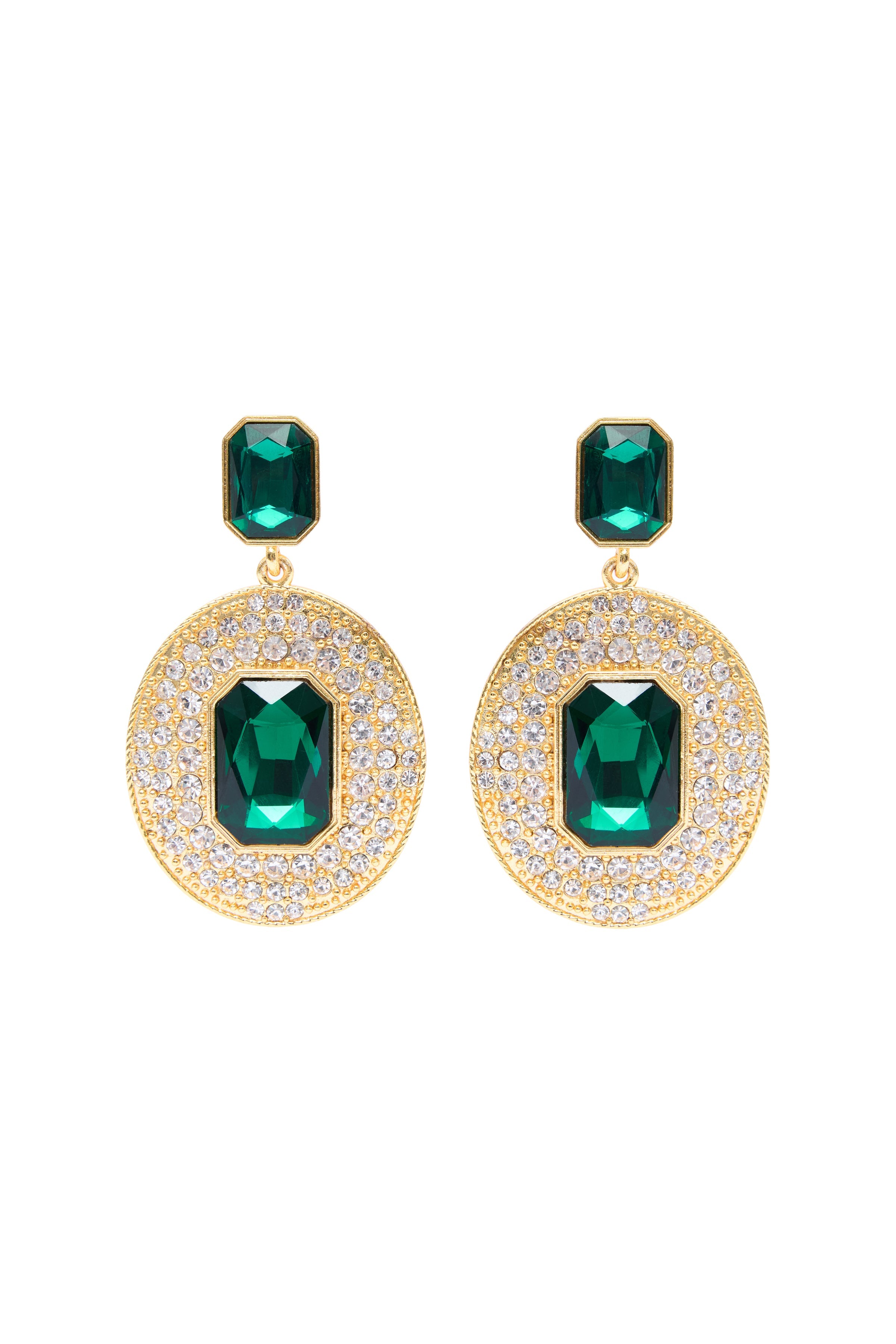 Gold Metal Earrings With Crystals And Emerald Stones