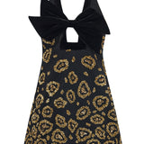 Mini Dress With Leopard Sequin And Silk Velvet Bow Detail