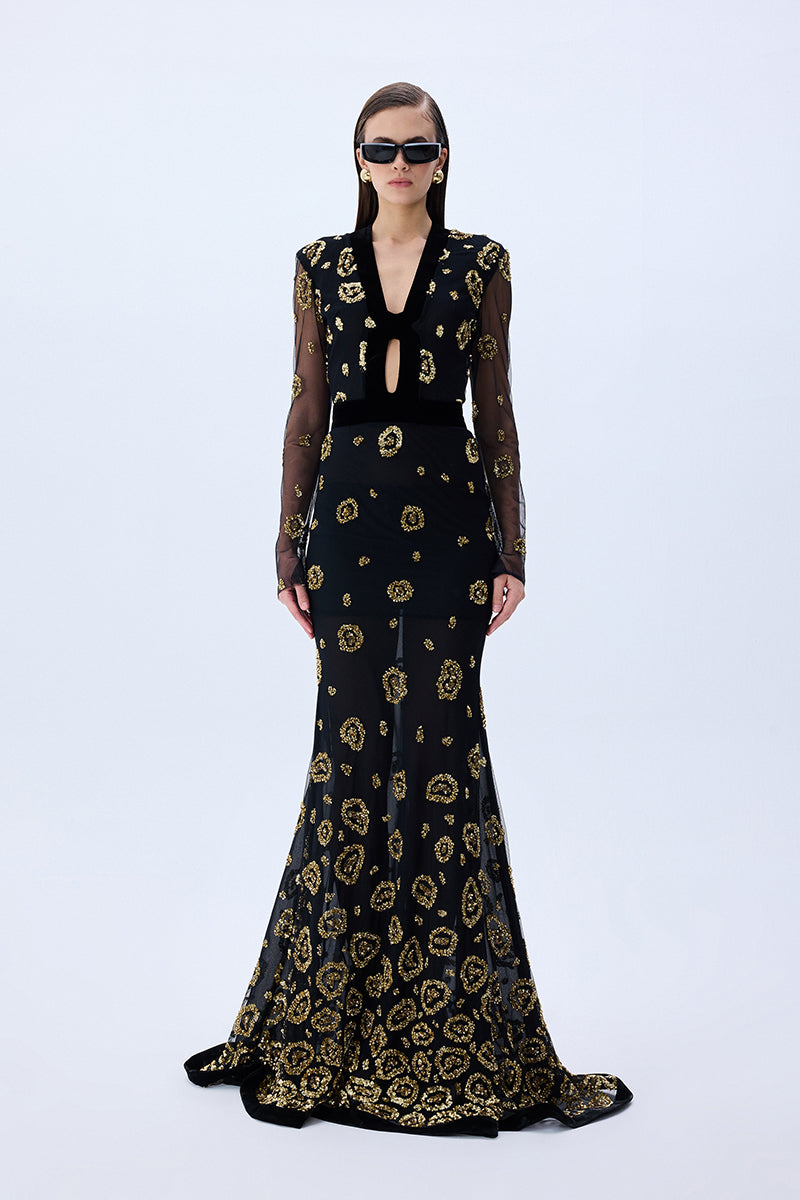 Maxi Dress With Leopard Sequin And Silk Velvet Detail
