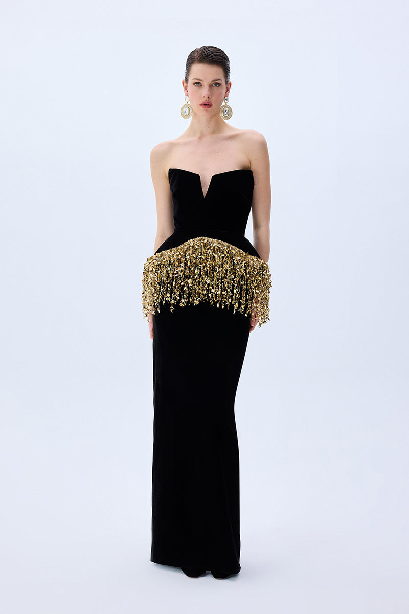 Black Silk Velvet Corseted Gown With Gold Pailette Fringes