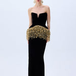 Black Silk Velvet Corseted Gown With Gold Pailette Fringes