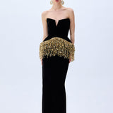 Black Silk Velvet Corseted Gown With Gold Pailette Fringes