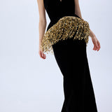 Black Silk Velvet Corseted Gown With Gold Pailette Fringes
