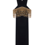 Black Silk Velvet Corseted Gown With Gold Pailette Fringes