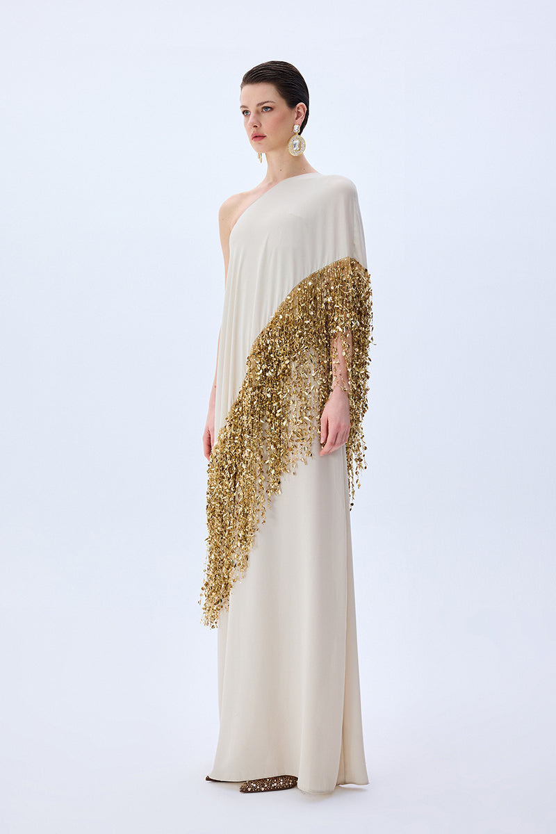 Beige Crepe Chiffon One Shouldered Dress With Gold Pailette Fringes