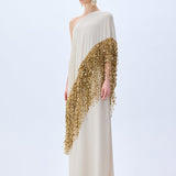 Beige Crepe Chiffon One Shouldered Dress With Gold Pailette Fringes