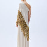 Beige Crepe Chiffon One Shouldered Dress With Gold Pailette Fringes