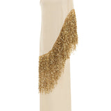 Beige Crepe Chiffon One Shouldered Dress With Gold Pailette Fringes