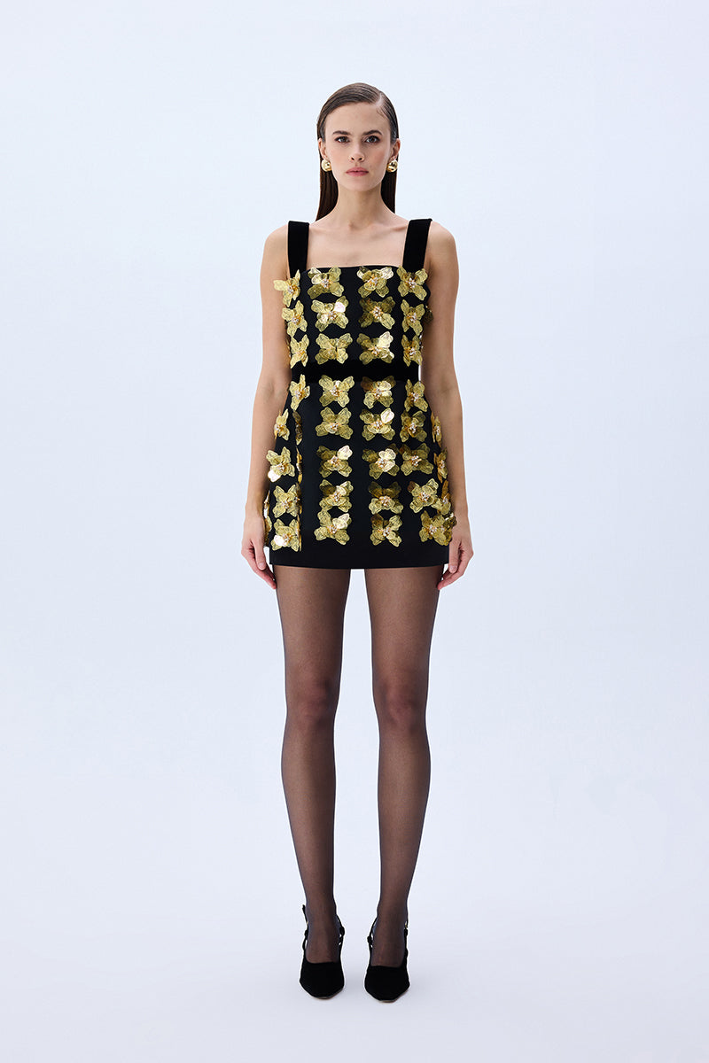 3D Gold Flower Embellished Mini Dress With Black Velvet Detail