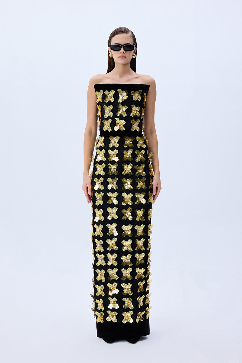 3D Gold Flower Embellished Dress With Black Velvet Detail