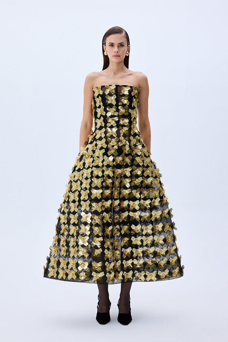3D Gold Flower Embellished Strapless Gown