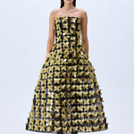 3D Gold Flower Embellished Strapless Gown