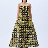 3D Gold Flower Embellished Strapless Gown