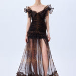 Leopard Print Organza Maxi Dress With Bow Detail