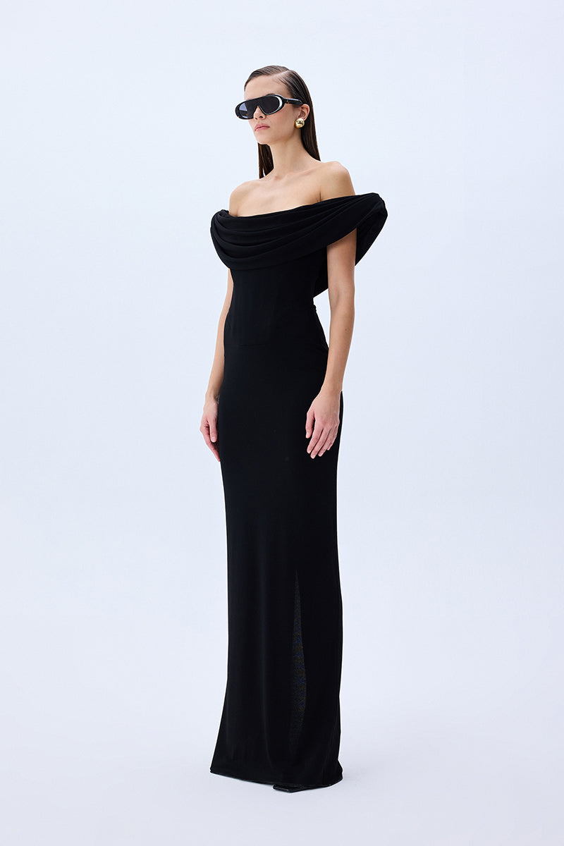 Black Stretchy Jersey Cowl Neckline Corseted Sculptural Dress