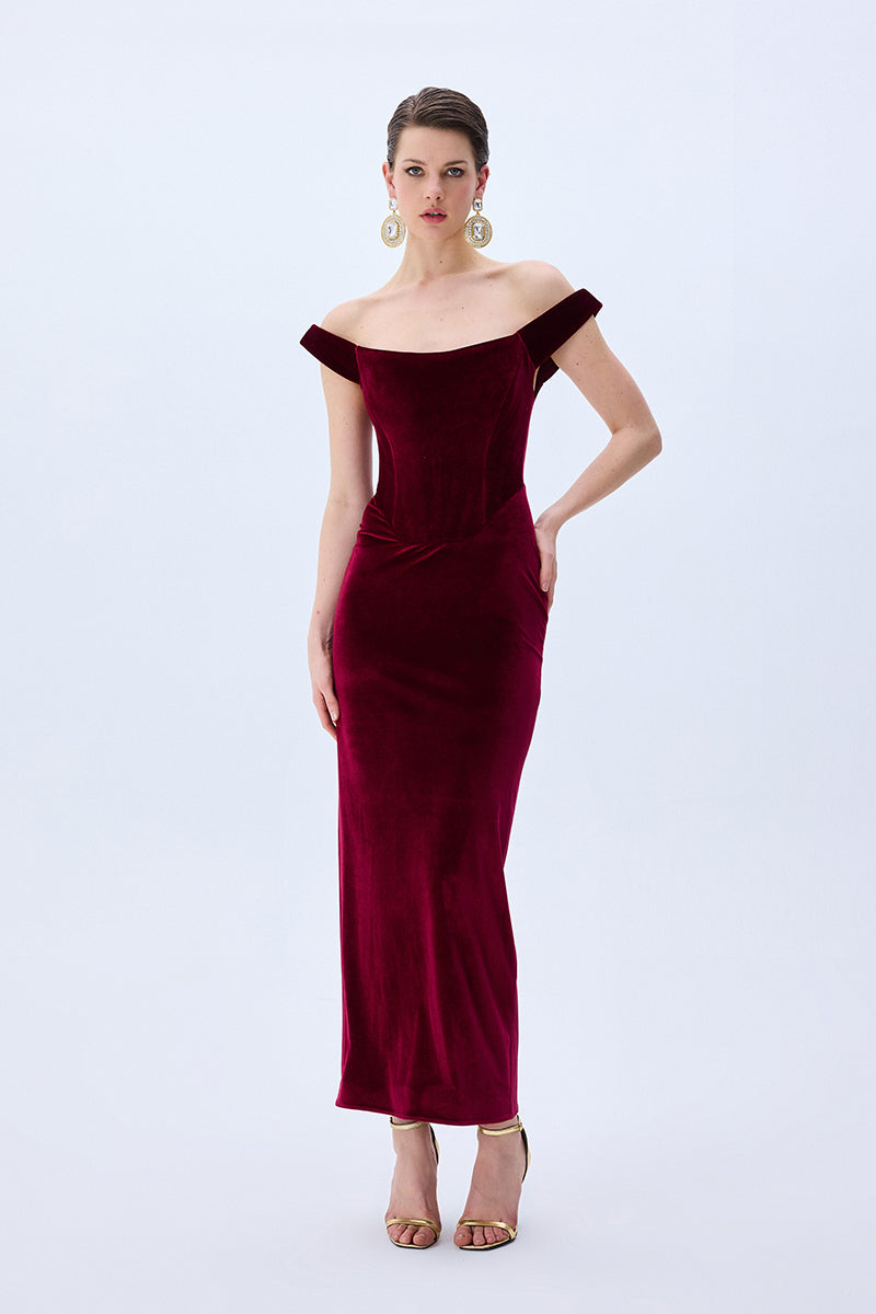 Burgundy Stretchy Velvet Cowl Neckline Corseted Sculptural Dress